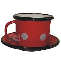 červený smaltovaný hrnek na kávu s podšálkem s puntíky 0,05 l